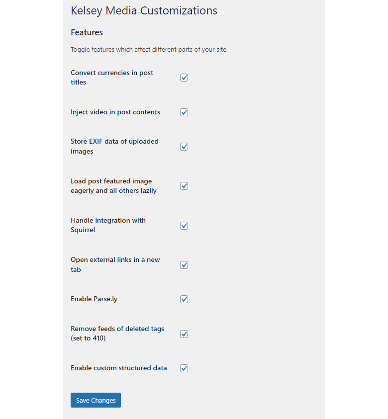 A screenshot of customization settings panel for news publishers - Kelsey Media.